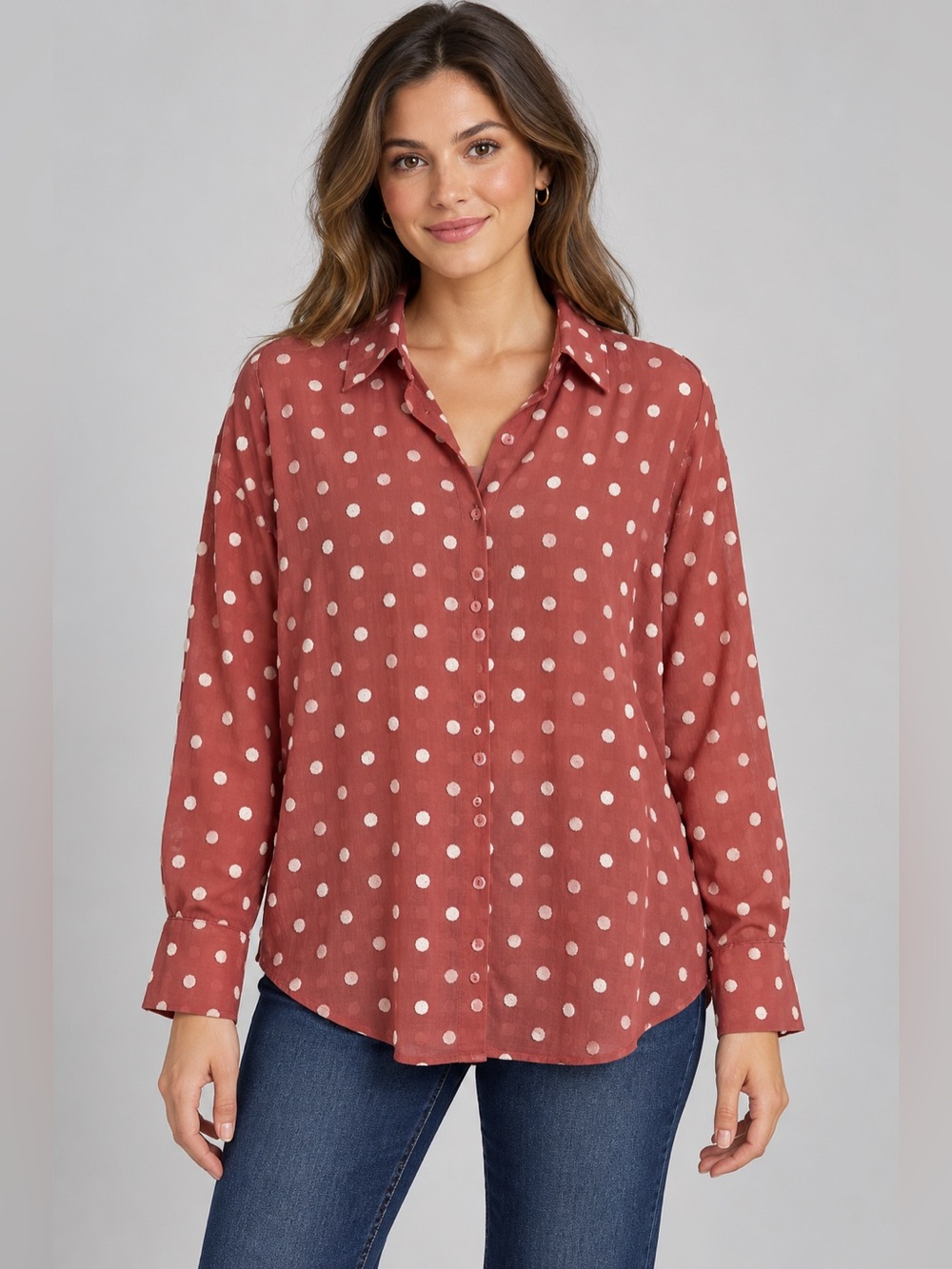 Zara Pink White Raised Polka Dot Button Front Long Sleeve Blouse Size S